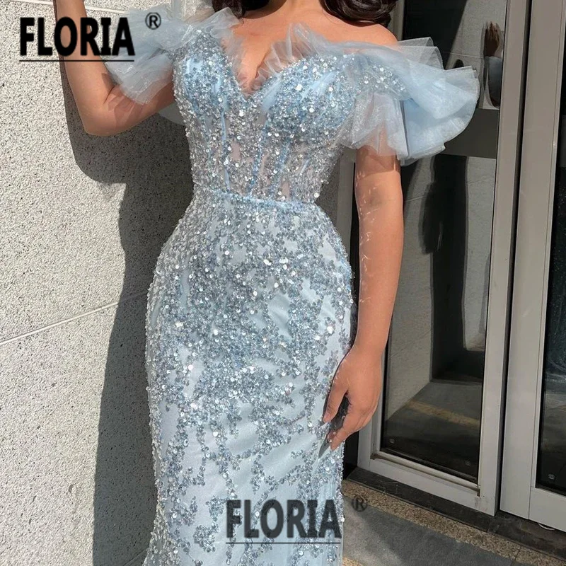 Light Blue Elegant Beaded Mermaid Evening Dresses 2024 Shimmering Crystal Sequins Ruffles Prom Dress Formal Party Gala Vestidos