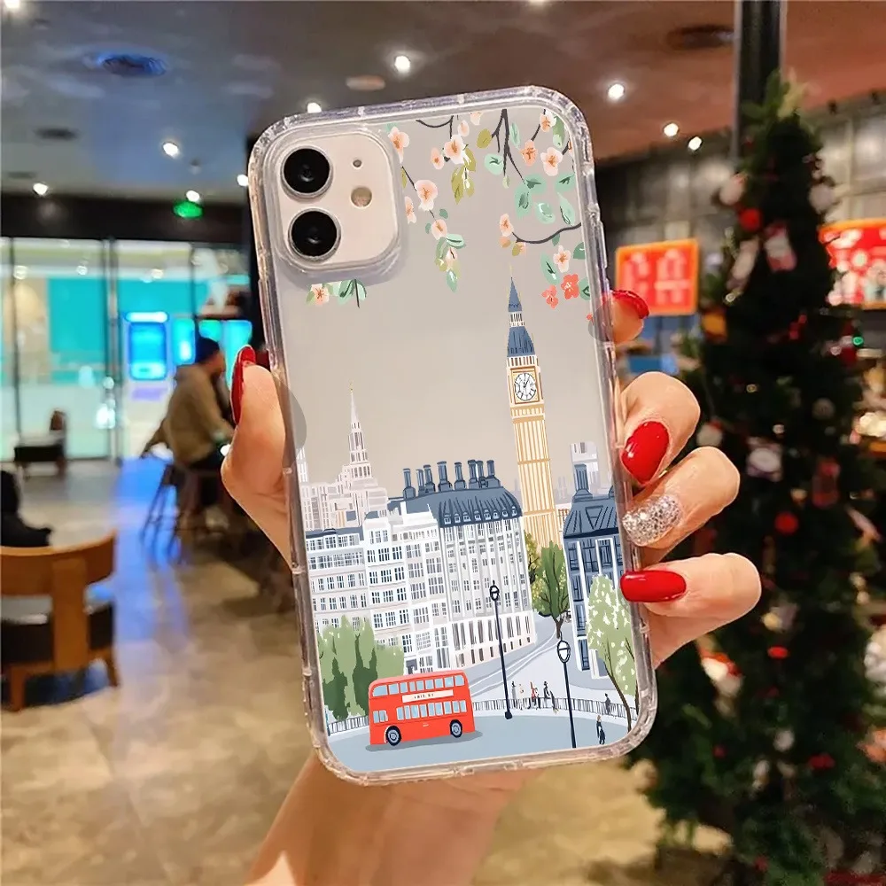Affascinante paesaggio urbano di Londra con fiori rosa Custodia trasparente per iPhone 17 16 15 14 13 12 11 Pro Max XS XR 7 8 Plus