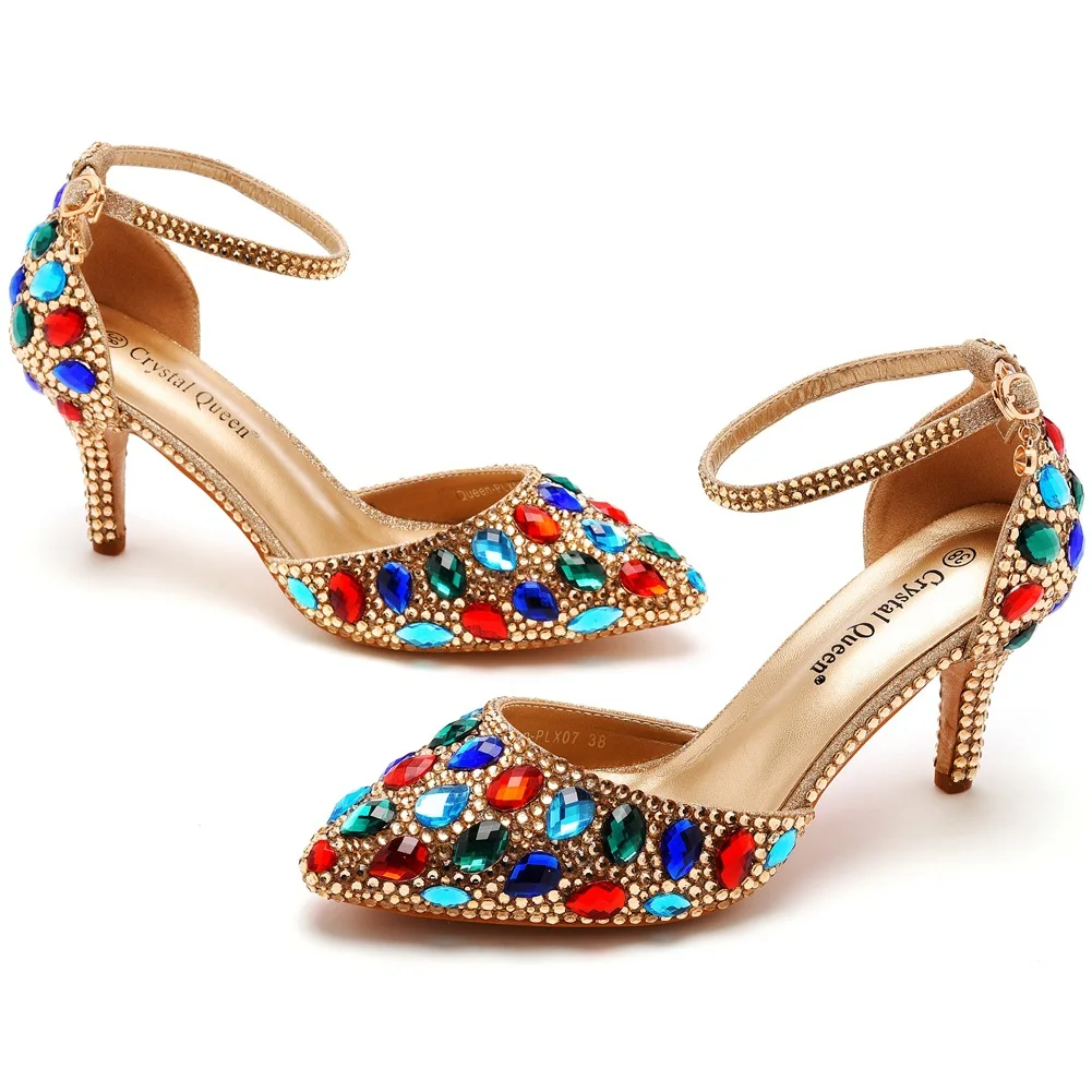 Ladies Shoes High Quality Sandals Pumps Colored Rhinestone PU 7.5CM Thin Heels Multicolour Evening Dress Woman Shoes White