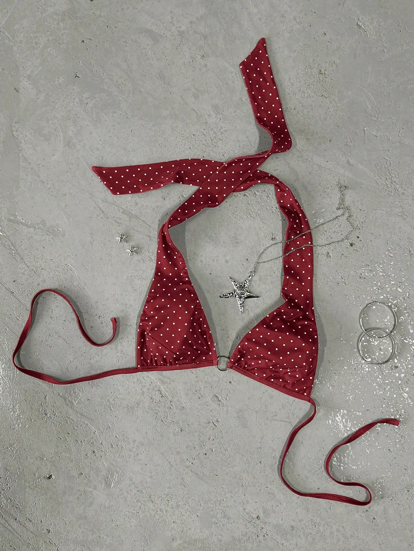 

Women's Polka Dot Halter Bikini Set With Ring Detail