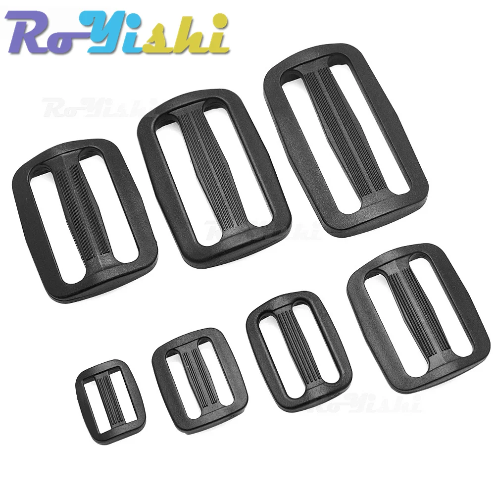 10 sztuk/paczka 15-50mm Taśma Plastikowa Zakrzywiona Suwak Tri-Glide Regulacja Trójpierścieniowe Klamry Paski Plecaka Czarne
