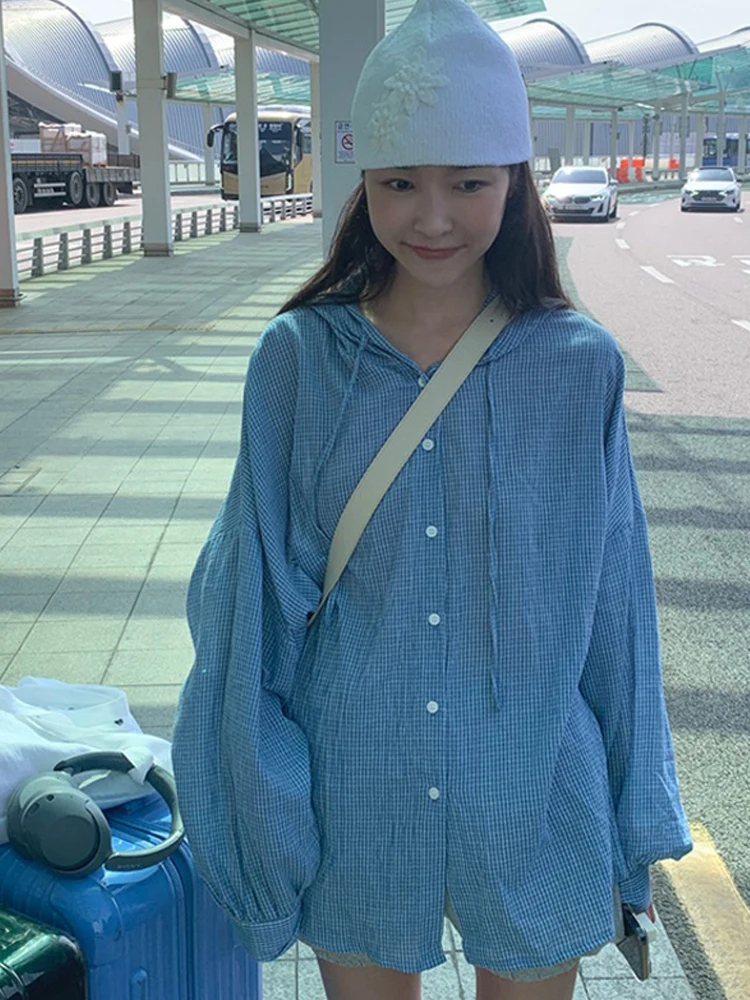 

Korean Sle Oversize Retro Plaid Long Sve Women's Sun Protection irt Faionable Outerwear irt Trendy Hooded Blouse