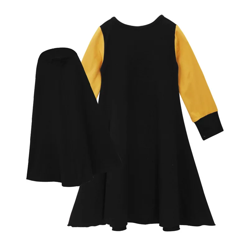 Modest Islamic Muslim Girls Prayer Dress Abaya Baby Kids 1-10Y With Hijab Arab Middle East Clothes Yellow Black Contrast Color