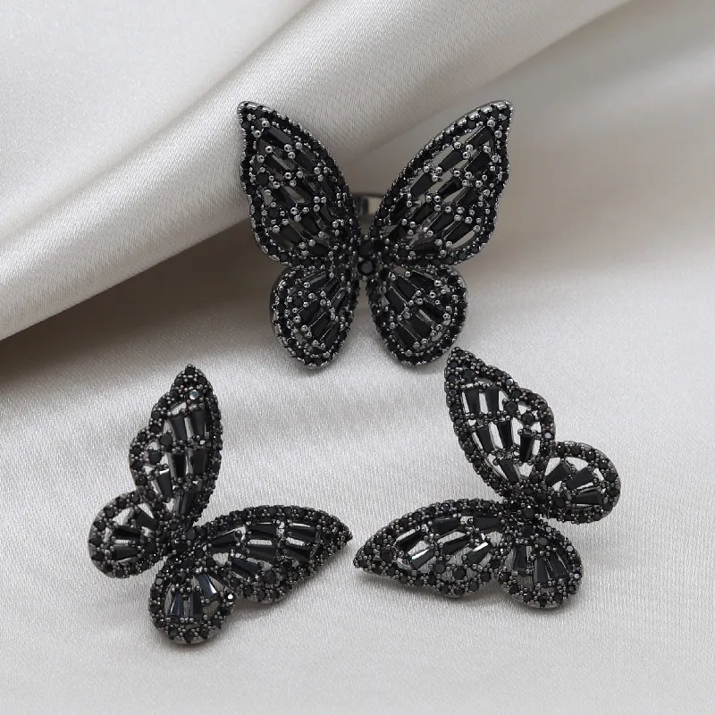 Hot Selling Fashion Jewelry Black Zircon Butterfly Ring Earrings Female