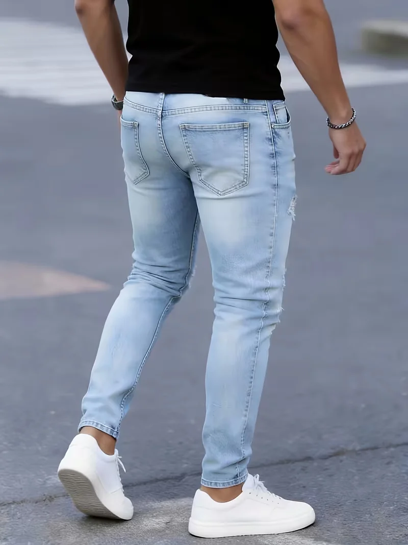 Men'S Slim Fit Stretch Ripped Jeans - Non-See-Through, Machine Washable, Suitable for All Seasons, Casual Formal Pants, Modern Cut, Fashionable Silhouette, Durable And Wear-Resistant, Essential for Young Professionals