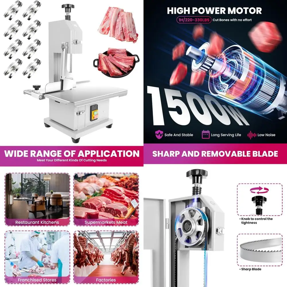 Gergaji Tulang Daging Listrik Baja Tahan Karat Kelas Komersial, Daya 1500W, Ketebalan Pemotongan 0.8-7.1 Inci, Ideal untuk Pemotongan Daging dan H