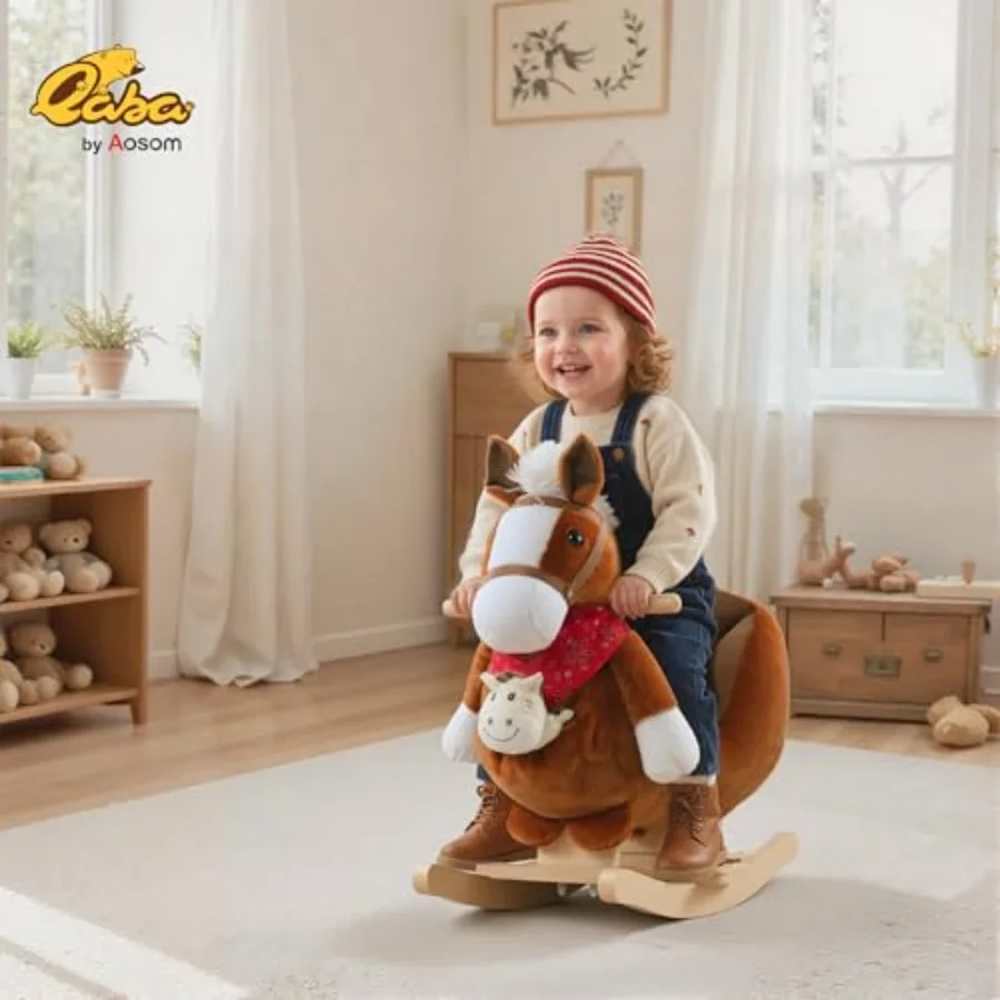 Ride-On Rocking Horse Toy, Rocker with Lullaby Song, Hand Puppets and Soft Plush Fabric for -36 Months, Brown