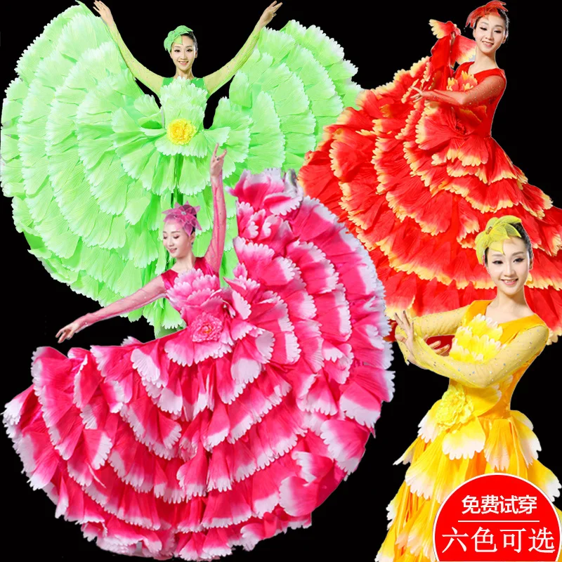 Damen Spanisches Flamenco Stierkampf-Kleid, Eröffnungstanz, Großer Schwung, Blütenblatt-Design, Klassische Kleider, Bühnentänzerin, Performance-Rock, Kostüm – Detail 2