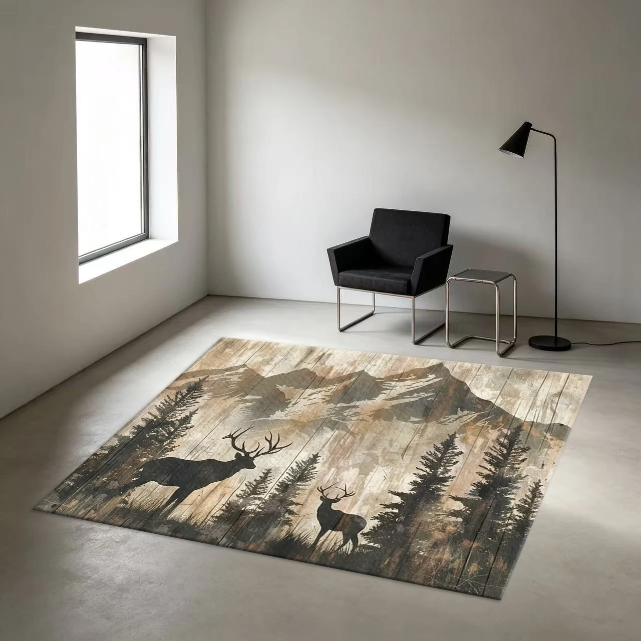 Antique Wood Grain Mountain Deer Forest Carpet, Non-Slip Natural Style Carpet Suitable for Cabin Living Room Home Decoration