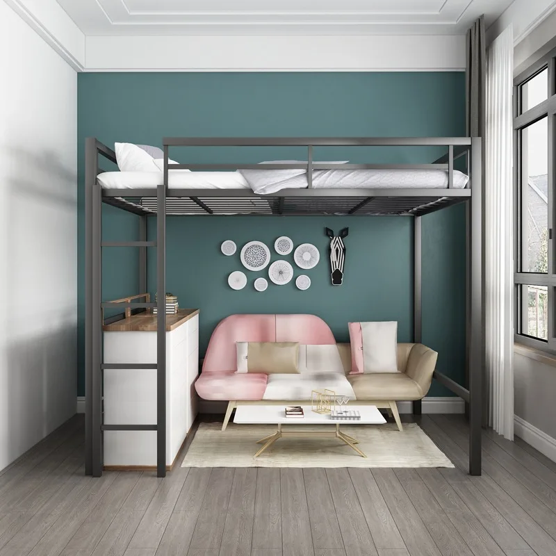Wrought iron elevated bed sheet upper bed lower empty space saving iron frame bed multi-functional upper
