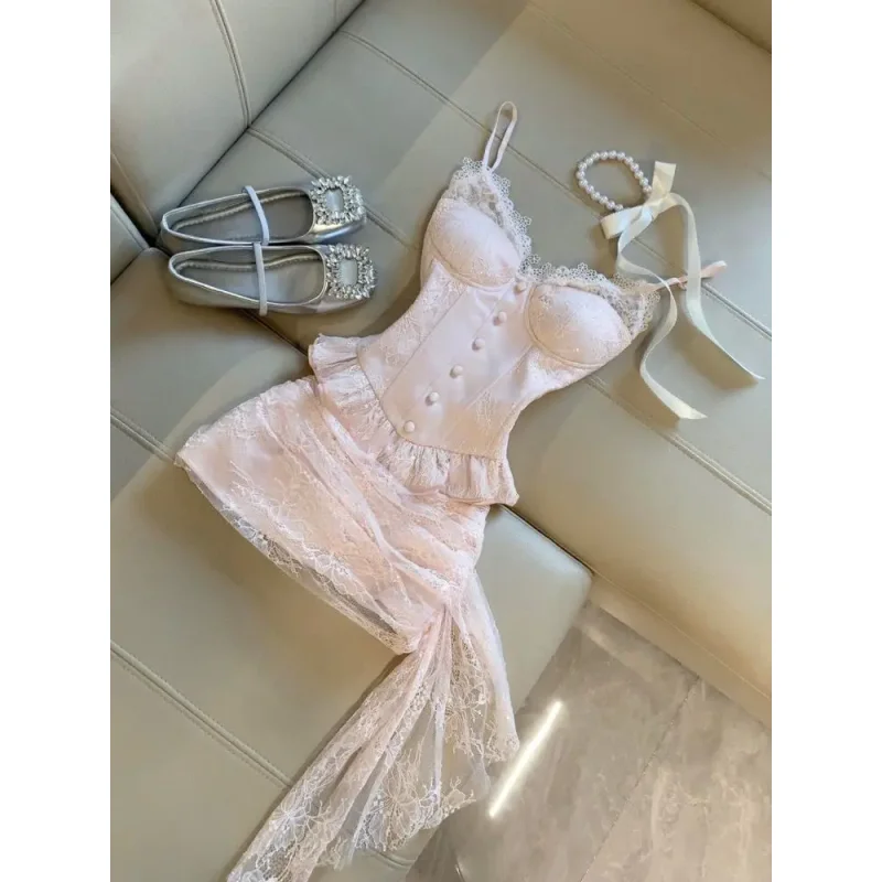 2026 Summer Sweet Pure Desire Style Party Outfit New Sexy Camisole Top + Bodycon Skirt Suit France Elegant Two Piece Set image 2