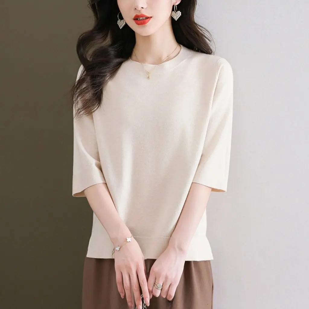 Women's Western Style Loose Slimming Three-Quarter Sleeve Sweater round Neck Half Sleeve Top Early Spring Undershirt
