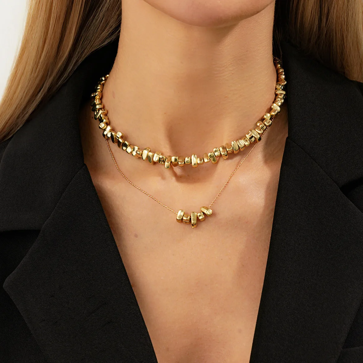 Fashion irregular CCB broken silver beaded necklace, personalized double layer stacked metal chain collarbone chain
