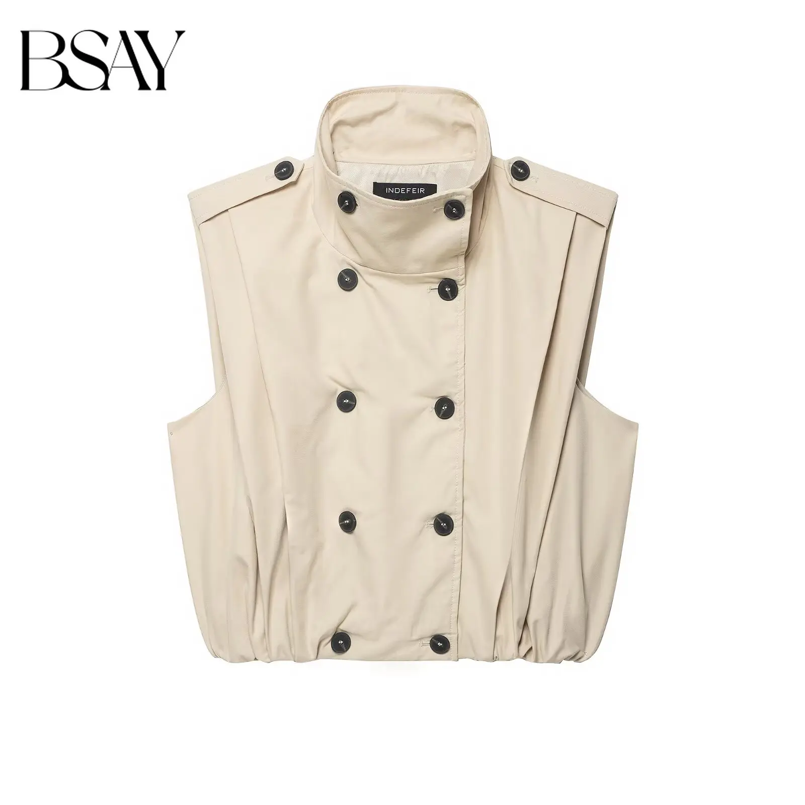 BSAY 2026 New Women Commuter Sleeveless Trench Vest High Neck Double Breasted Pleated Detail Cropped Waistcoat Casual Outerwear