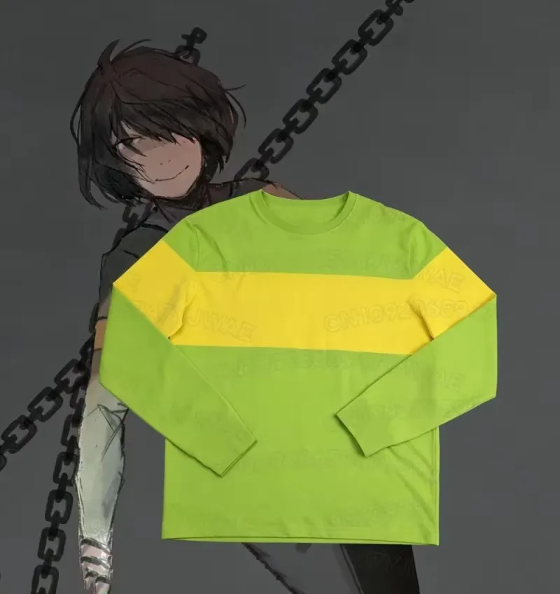 Undertale Chara Cosplay Long Sleeve T Shirt, Green Yellow Striped Game Character Costume Unisex Casual Tee