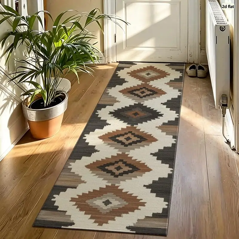 Southwestern Aztec Geometric Carpet Flooring, Retro Brown White Kilim Style Area Rug for Indoor Floor