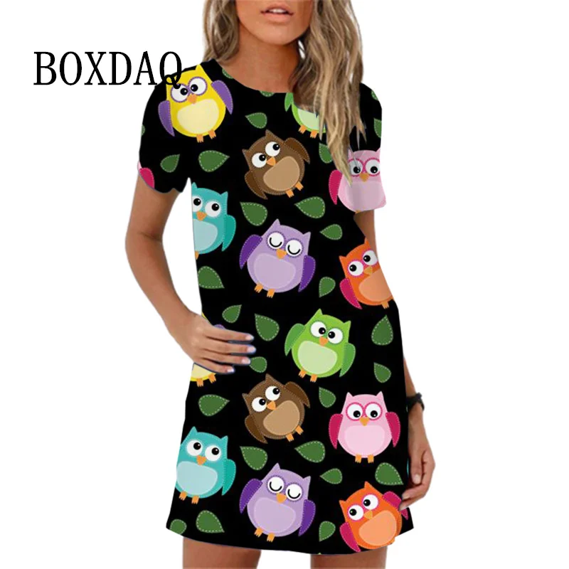 Cartoon Owl Print Dress For Women Cute kawaii Short Sleeve O-neck Loose Dress Summer New Streetwear Girls Women Dresses Vestidos