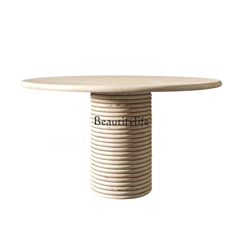 jj French minimalist light luxury natural Roman travertine dining table high-end living room round