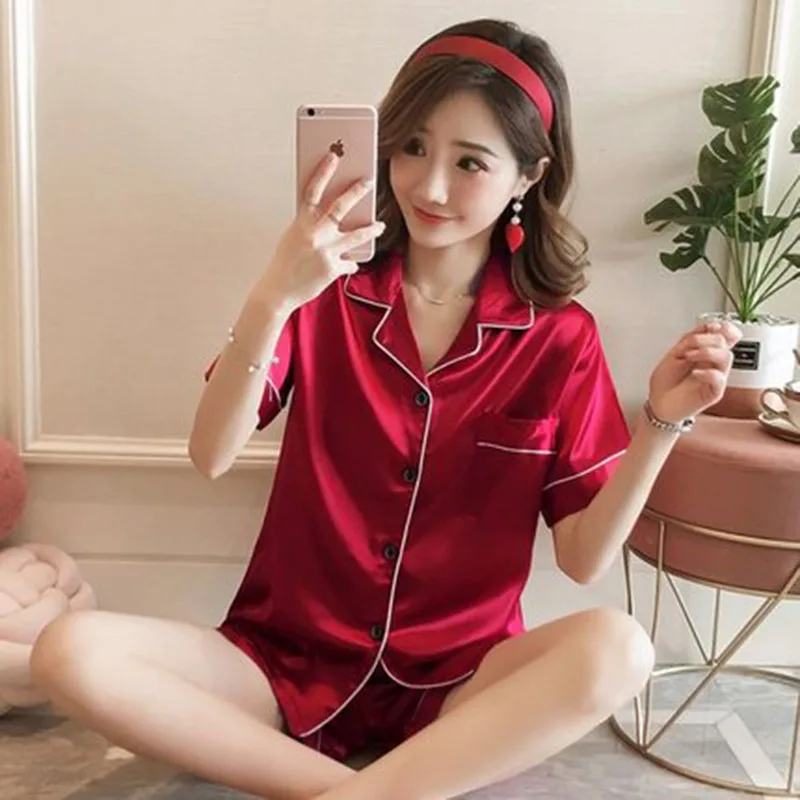 2PCS/Set Plus Size Women Pajamas Simple Solid Buttons Cardigan Short-Sleeved Shorts Homewear Thin Section Ladies Fashion Outside