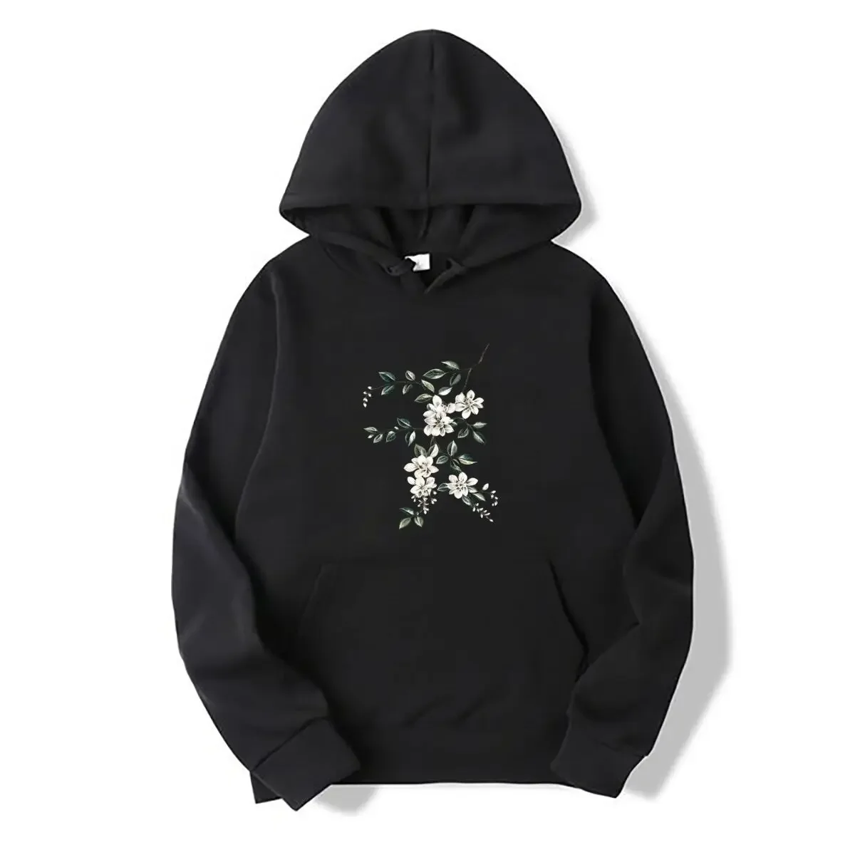 White Floral Blossoms Green Leaves Branches Botanical Pattern Autumn Winter New Men's and Women Hooded Sweatshirts Free Shipping