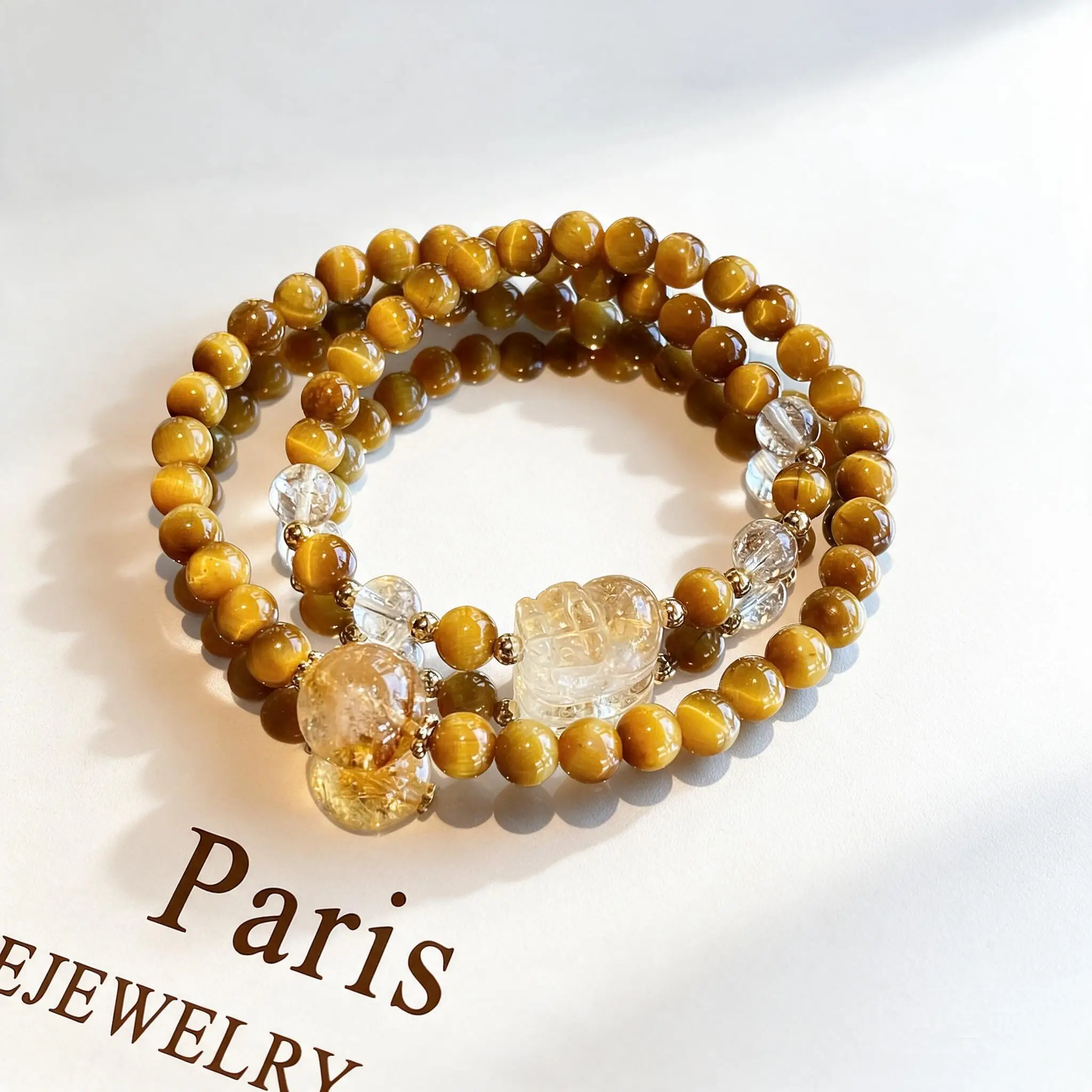 Handmade Chinese Style Handstring Bracelet Natural Citrine Golden Tiger Eye Pixiu Double Strand Luck Wealth Blessing Auspicious