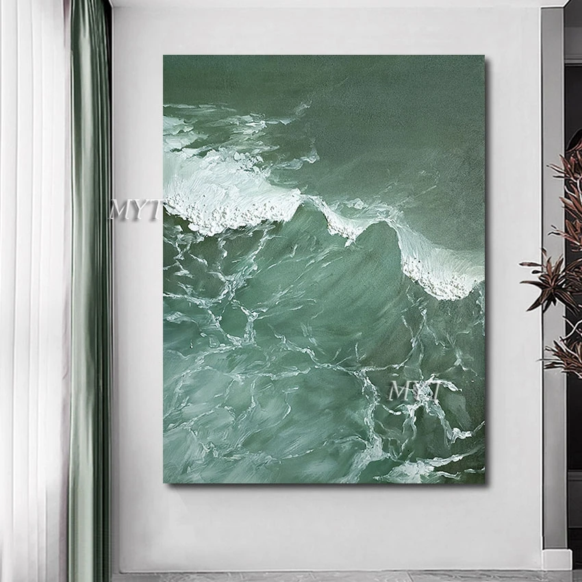 

Unframed Office Artwork 3d Modern Acrylic Picture Handmade Sea Wave Textured Oil Painting Abstract Art Green Canvas Scenery Wall