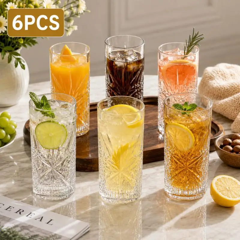 330ml Lead-Free Crystal Highball Glasses 2PCS Set Embossed Pattern Tumbler for Juice Iced Coffee Cocktails