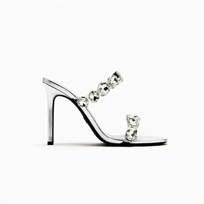 TRAF Big Rhinestone High Heel Stilettos Women Summer Point Head Open Toe Slingback Pumps Silvery Sandals Slippers For Woman