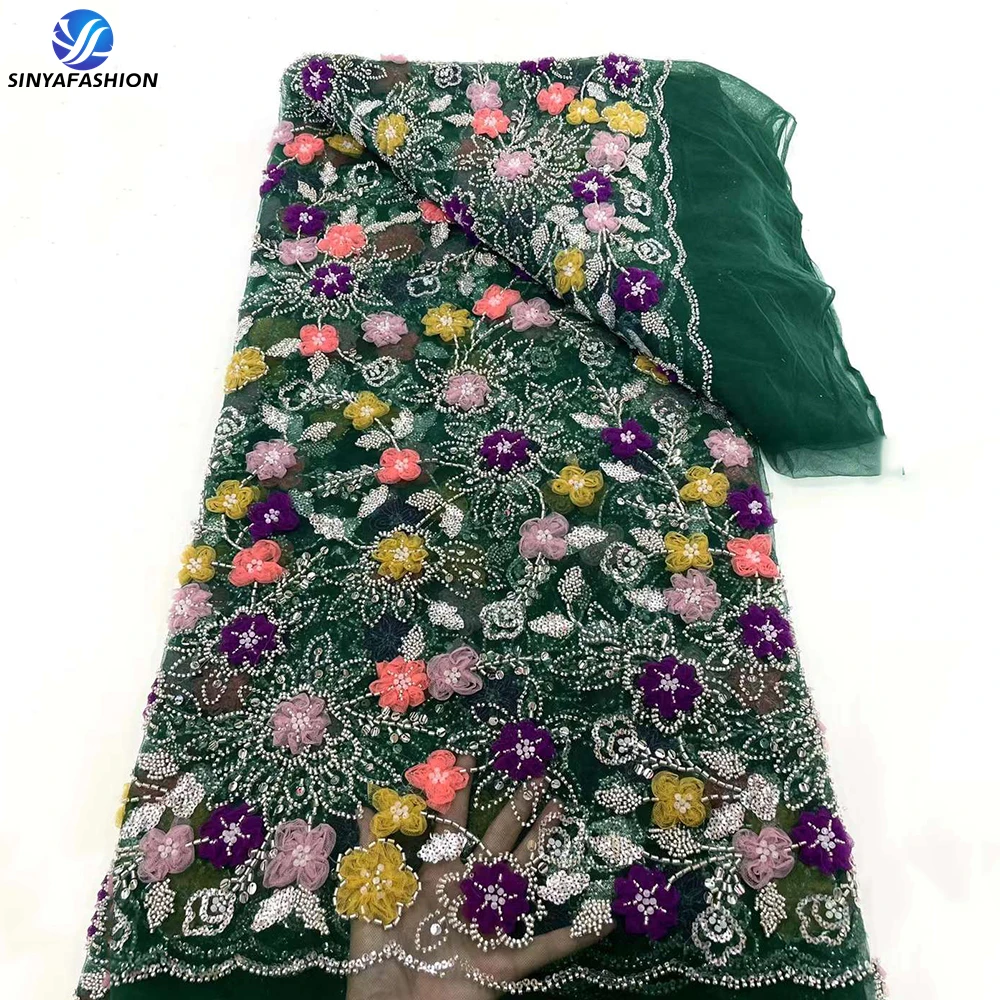 Sinya Green Colorful Flower Applique African 3D Lace Fabric 20224 High Quality French Embroidery Luxury Hand Beaded Wedding Lace