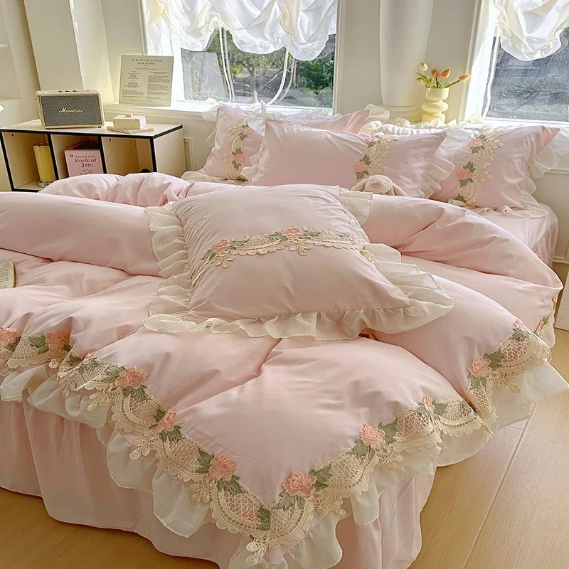 

Korean Princess Style Flowers Lace Ruffles Duvet Covers Bed Skirt/Fitted Sheet Pillowcase Bedding For Girls Luxury Home Textiles