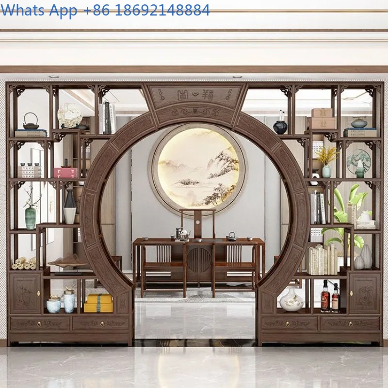 New Chinese Style Moon Cave Door Solid Wood Living Room Partition Bogu Rack Multi-Treasure Pavilion Round