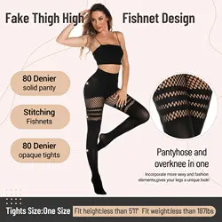 Kave Womens Faux Thigh High Fishnet Stockings Stitching Opaque Pantyhose Mock Over the Knee Goth Striped Suspender Tights