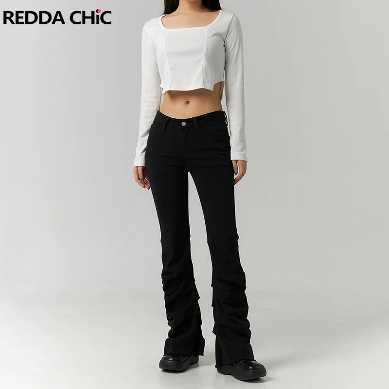 

ReddaChic Black Gathered Flare Jeans Women Korean Casual Bell Bottoms Plain High Waist Stacked Bootcut Pants Grunge Y2k Clothes