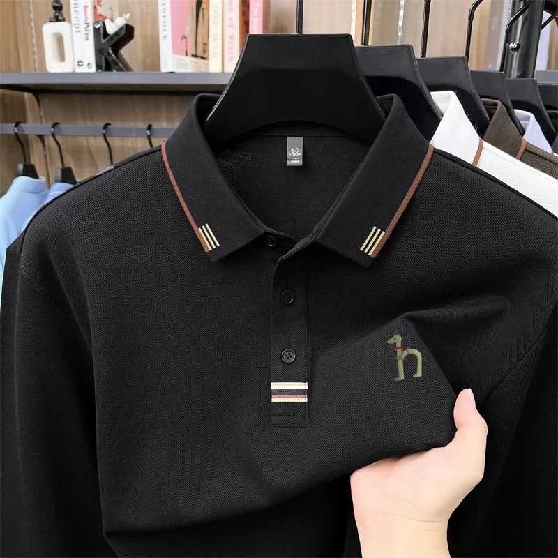 Fashion Trendy Men's Print Polo Shirt Cotton Content Autumn Skin Friendly Long Sleeved Lapel T-Shirt Business Casual Men's Wear