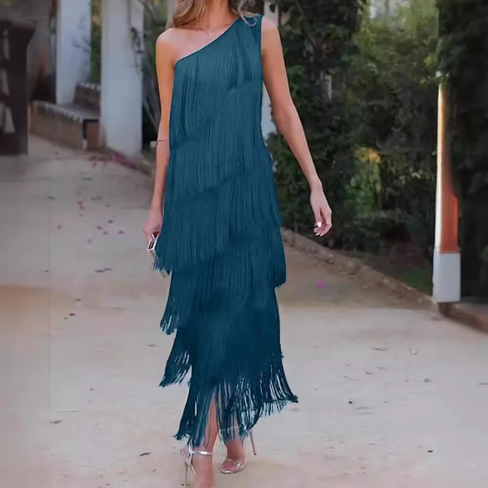 Letnia sukienka z ukośnym kołnierzem Dissymmetry Fashion Tassel Suknie wieczorowe bez rękawów Długa sukienka dla kobiet Sukienki imprezowe Vestidos — zdjęcie 4