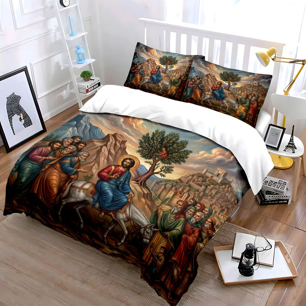 Scene of Jesus entering the city Duvet Cover Set with 3D Printing Design Soft Polyester Bedding Set All-Season Comfort