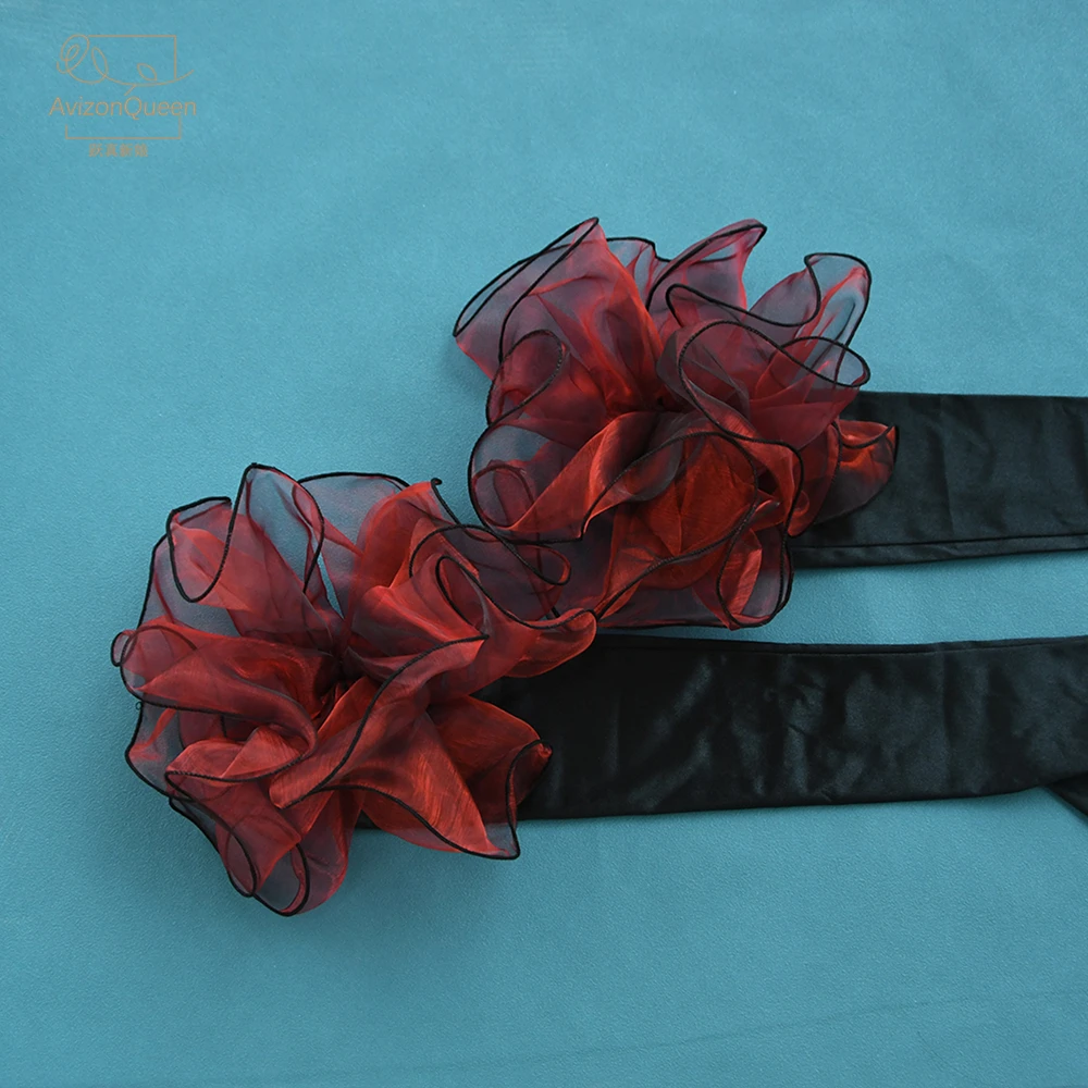 Guantes largos de satén negro con dedos para novia, adornos florales rojos para accesorios de boda para mujer con vestidos Vintage MM19