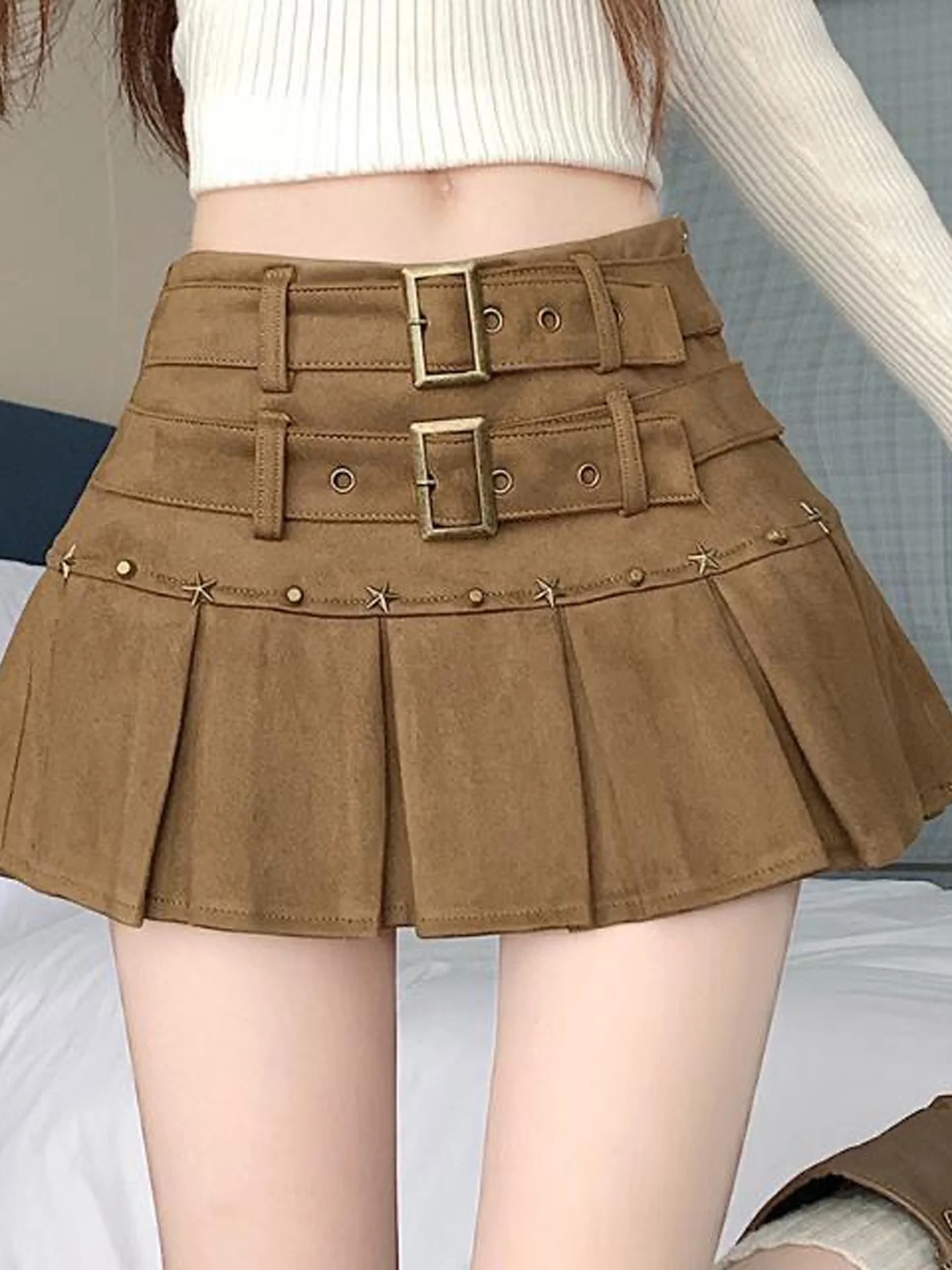 American Pure Desire Spicy Girl Heavy Design Deer Skin Velvet Pleated  Skirt Women's Autumn New Style Anti-Light Short Skirt