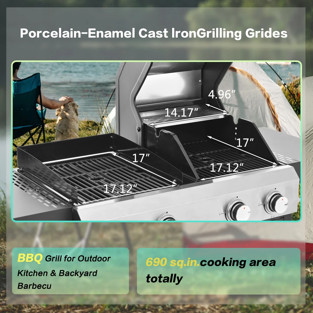 2 + 2 Multi-Function Burner แก๊สย่างและ Griddle Combo พร้อมสําหรับทําอาหารกลางแจ้ง Camping Tailgating BBQ ทอดพิซซ่า