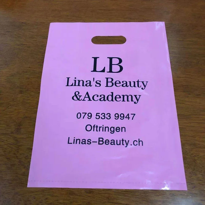 100 Stück Kunststoff-Einkaufstaschen mit individuellem Logo und Griff, Kunststoff-Schmuckbeutel, Verpackung, Geschenkträger, Griff, Wäschebeutel mit