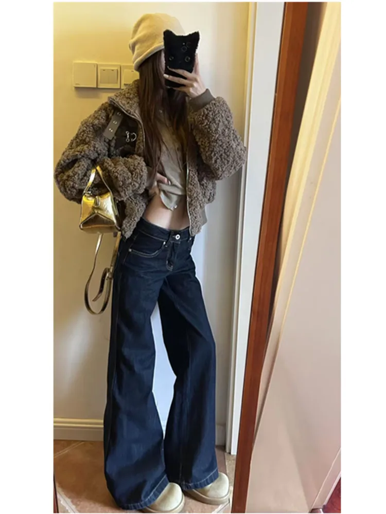 

Extended Length High Waist Deep Blue Flared Jeans Women's Spring Loose Drapey American High Street Wide Leg Pants