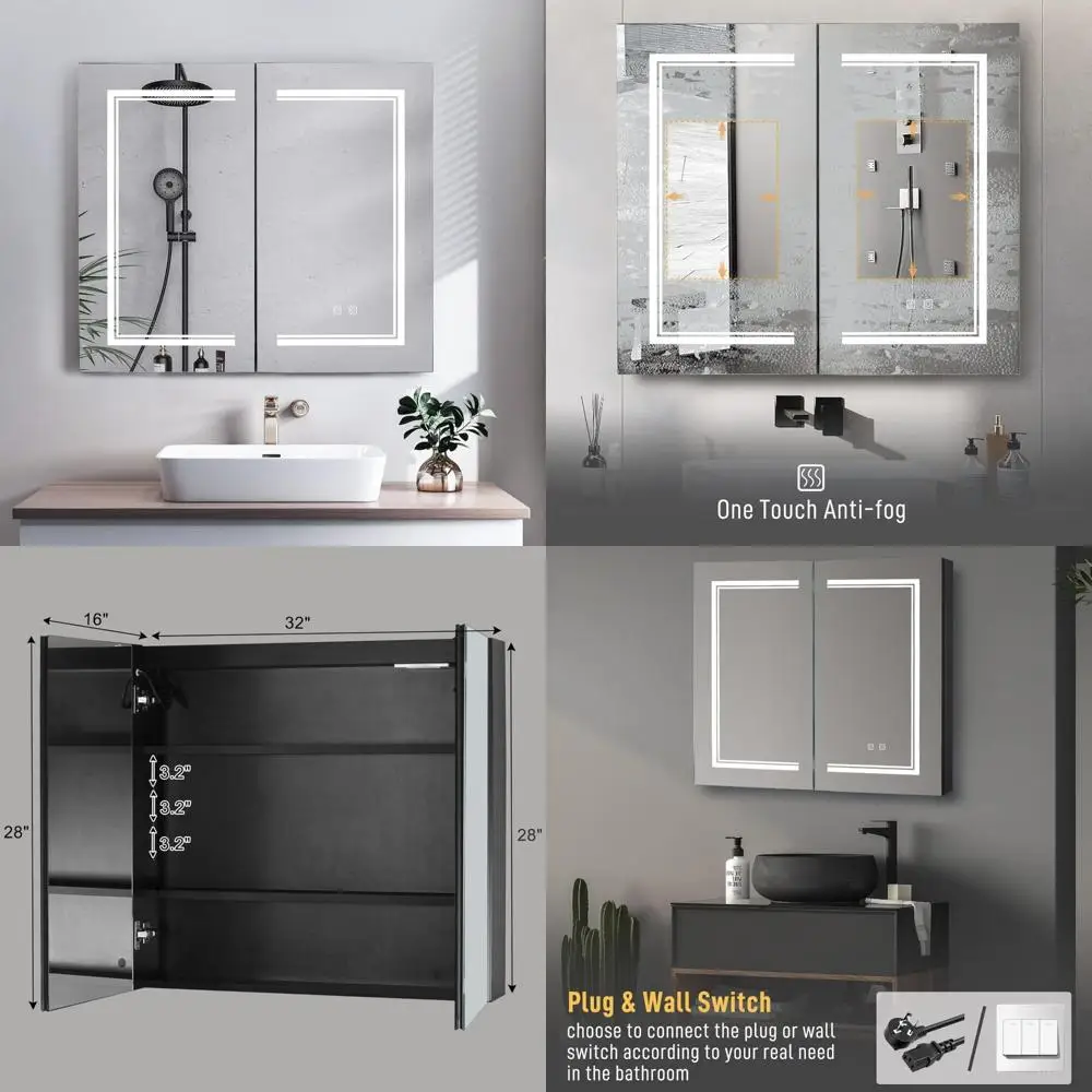 32x28 inch 3-color dimmable led wall-mounted medicine cabinet with 3-tier storage for bathroom