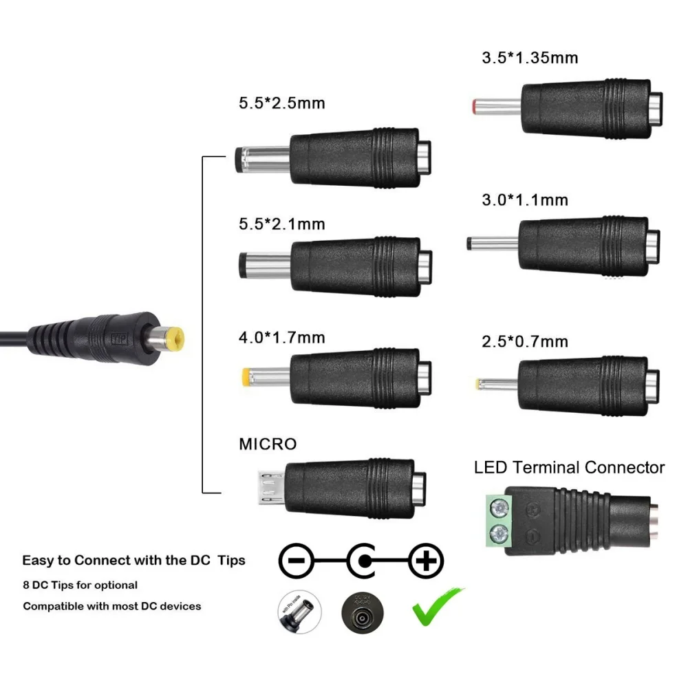30W Universal Power Adapter Adjustable  Voltage AC To DC Supply with 8 Tips for EU US Plugs Worldwide Charging Compatible