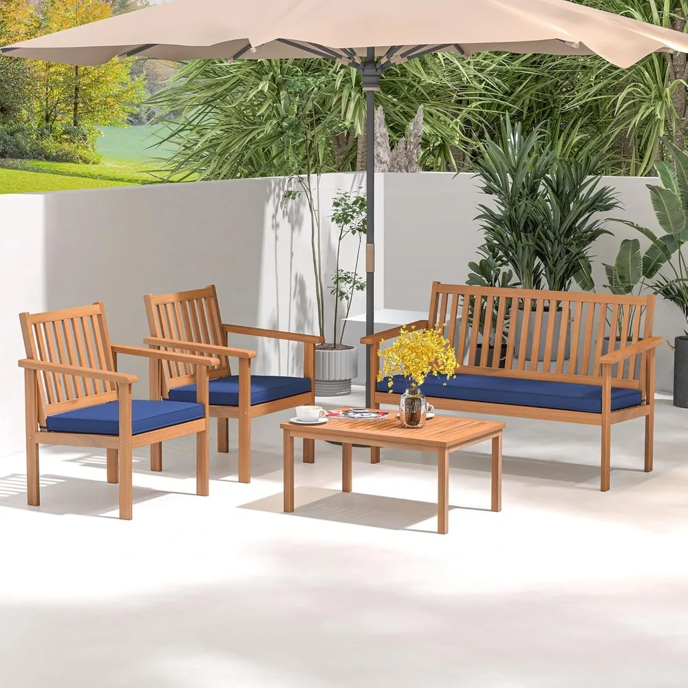 4 Piece Patio Wood Furniture Set, Acacia Wood Sofa Set w/Loveseat, 2 Chairs & Coffee Table, Soft Seat Cushions, Outdoor Wood