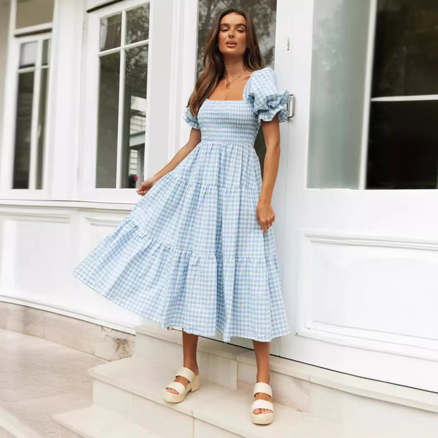 

Elegant Women's Long Dresses 2024 Summer Women's Checkered Printed Bubble Sleeve Dress Платье Вечернее Женское Vestidos De Festa