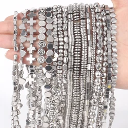 Natural Silver Color Cross Irregular Hematite Stone Flat Round Handmade DIY Bracelet Loose Beads For Jewelry Making Supplies