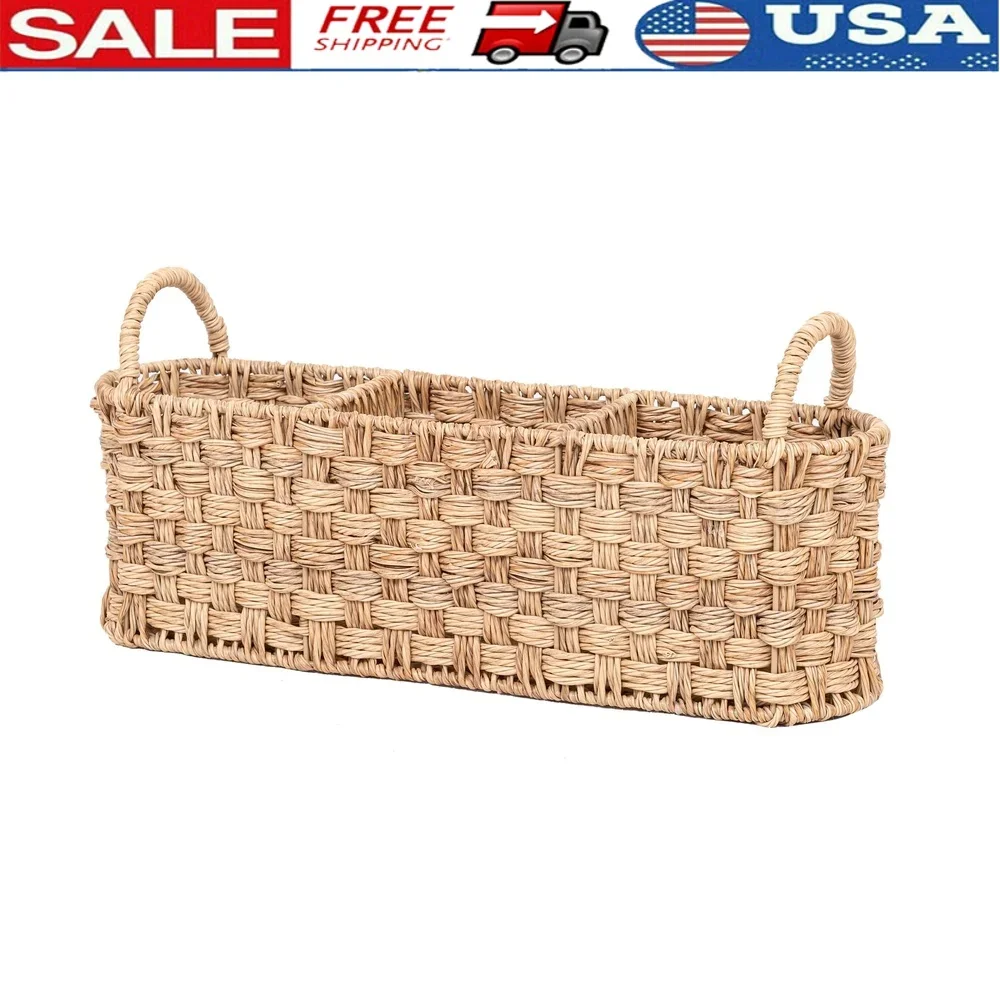 

Beige Oval Rattan Utensil Caddy Metal Frame Divided Basket Kitchen Dining Outdoor Storage Condiment Holder Home Organization