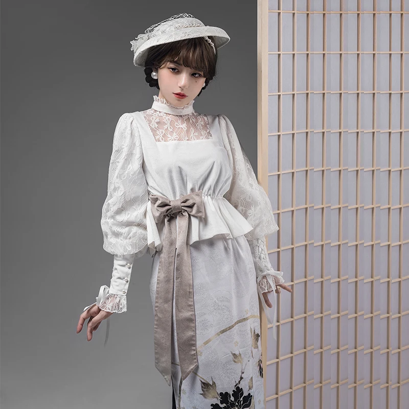 

Fashion Lolita Design Loli Top Lamb Leg Sleeve Lace Splicing Lolitas Vintage Elegant Long Sleeve Stand Collar Lolita Shirt