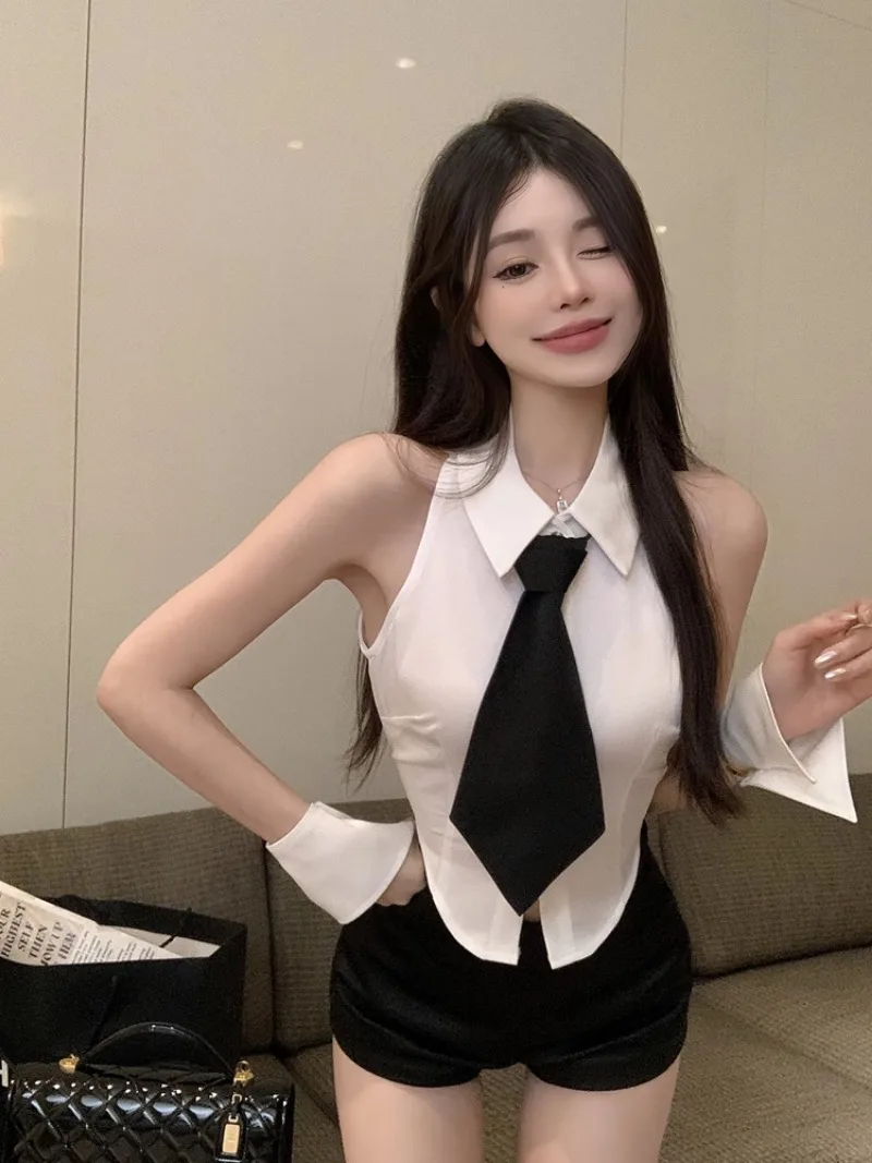 Spicy Girl Irregular Sleeveless Shirt Straight Shorts Two Piece Set Women Polo Neck Tie Cuff Korean Fashion Slim Summer Suit New