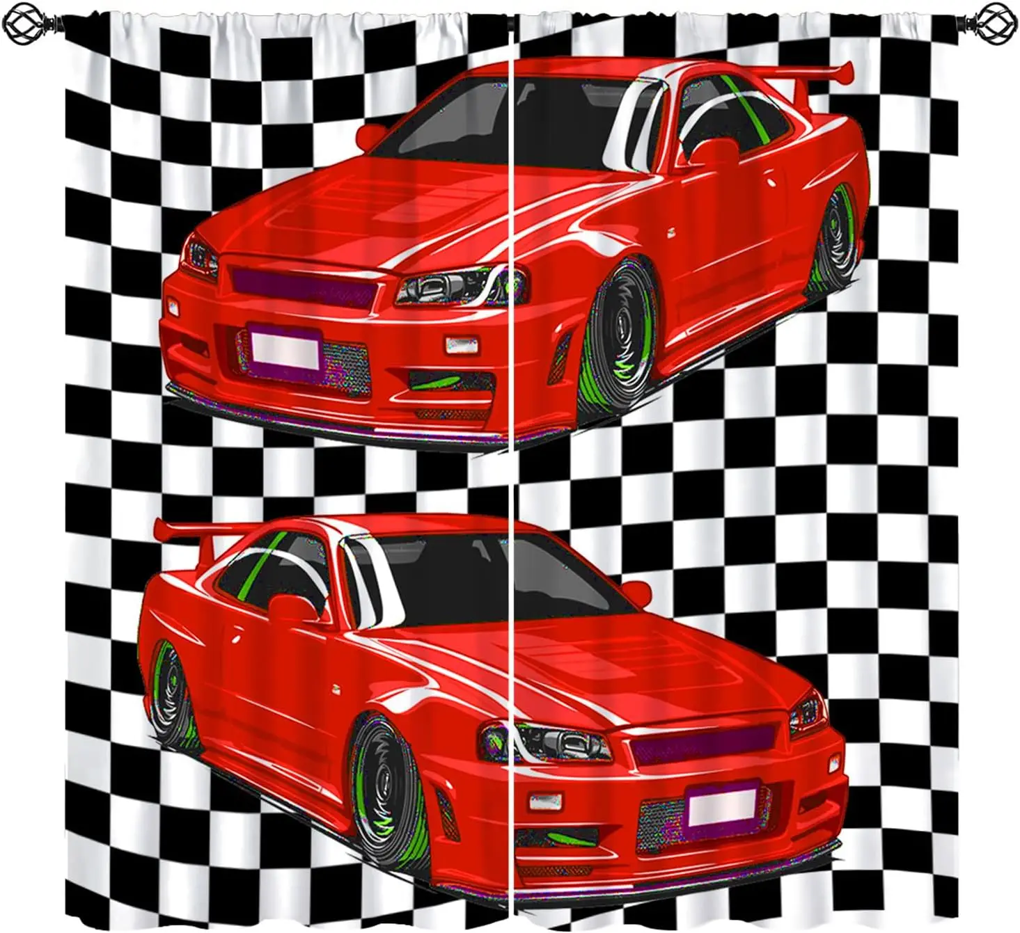 Cartoon Modified Race Car Check Flag Print Blackout Rod Pocket Curtain Classic Black White Grid Trendy Gamer Homestay Bedroom